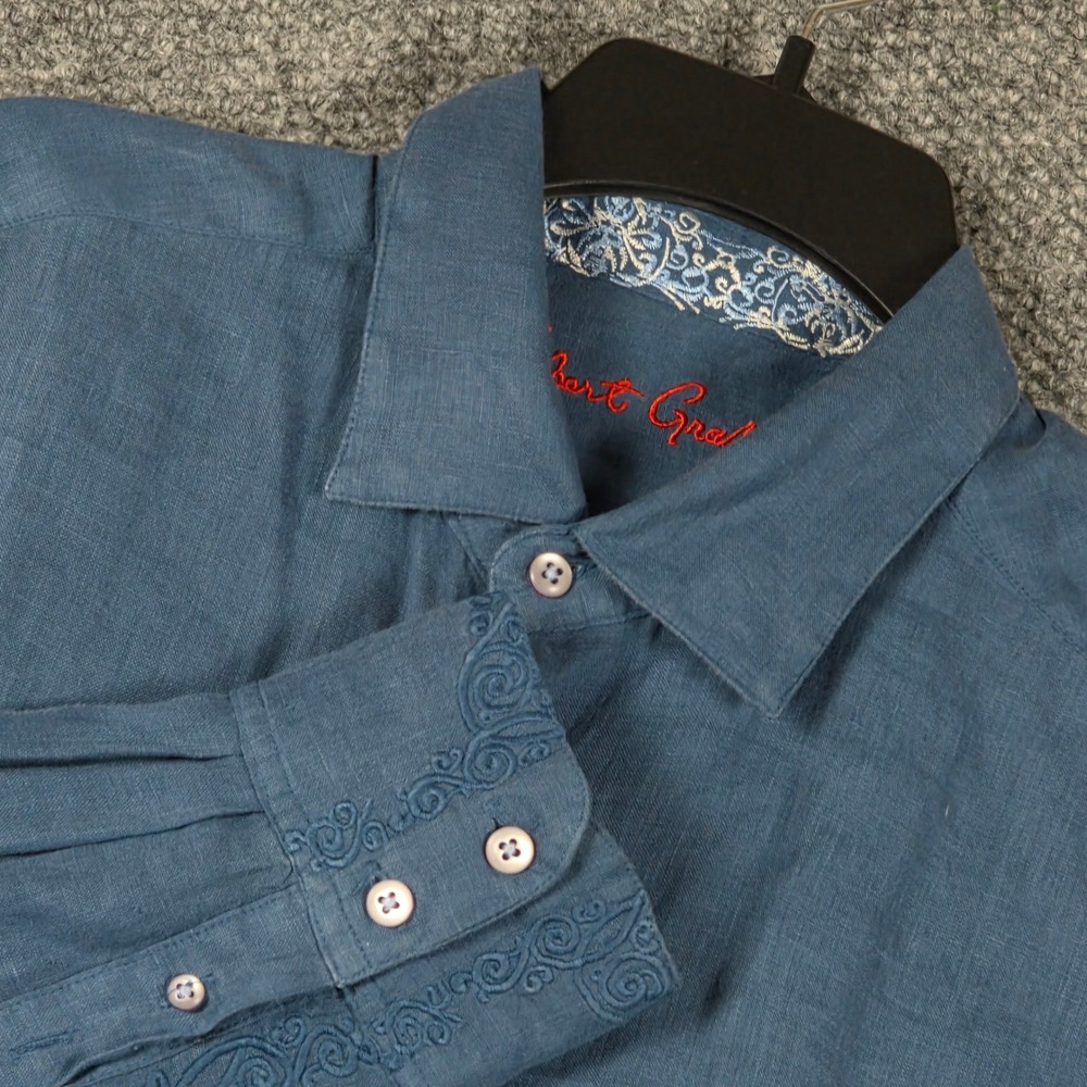 Robert Graham‎ Mens Blue Linen Button Down Shirt M/M Embroidered Flip Cuffs